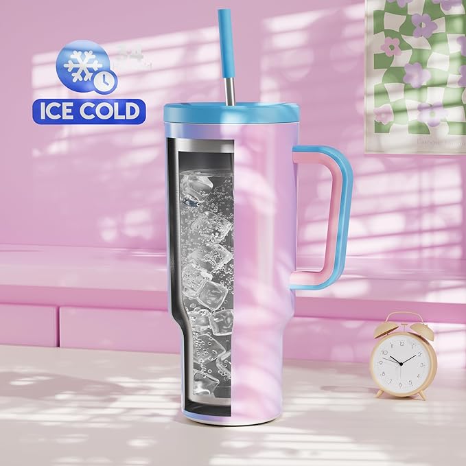 Meoky 40 oz Tumbler with Handle and Straw: Stainless Steel Insulated Tumbler with Lid and Straw - 100% Leak Proof Tumbler for Car Cup Holders - Travelers Commuters Workers, Donut - Bloomnest