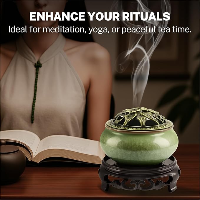 Ceramic Incense Burner with Lotus Incense Holder, Multi-Functional Incense Burner Holder for Incense Sticks, Coil Incense and Cones, Perfect Home Decor