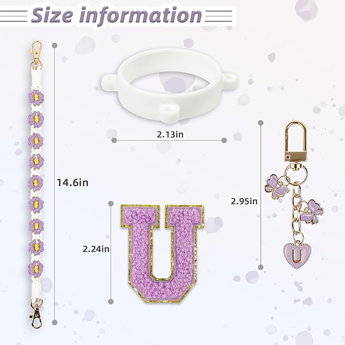 Compatible with Owala Water Bottle Accessories, Cute Letter Charm Set with Boho Handle Strap, Monogram Sticker, Silicone Ring, Keychain Decoration, for FreeSip 24 32 40oz, Owala Kids, Tumbler Gift SITKOL