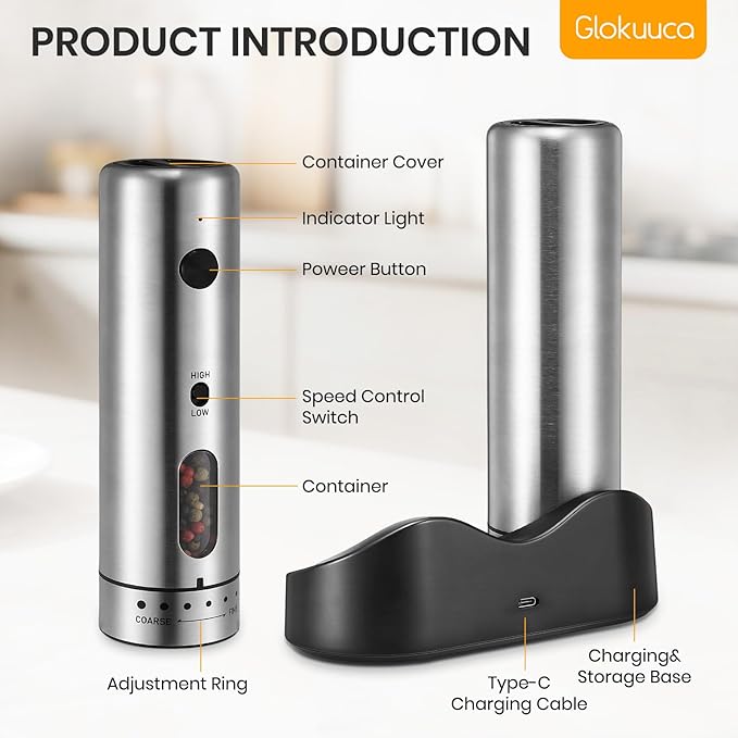 Electric Salt Grinder Set with Rechargeable Base Stainless Steel Grinders with Variable Grinding Speed, External Adjustable Coarseness and White LED Light, Silver - Bloomnest