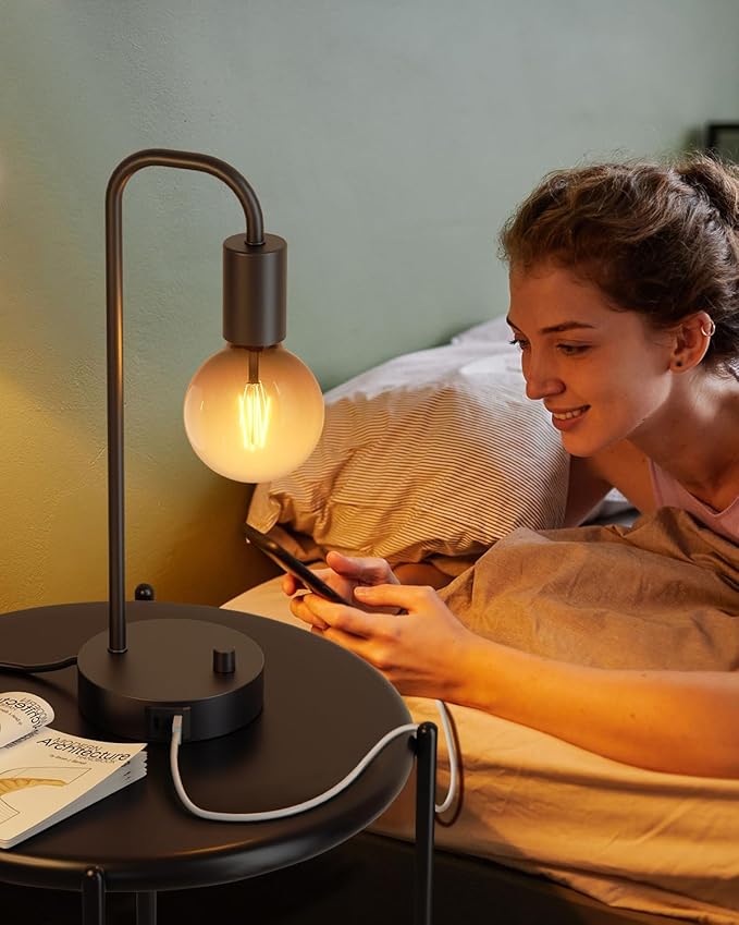 ONEWISH Industrial Table Lamp with 2 USB Port, Fully Dimmable Nightstand Bedside Lamps for Bedroom,Desk Lamps with 2700K Black Gradient Bulb for Reading Living Room,Office - Bloomnest