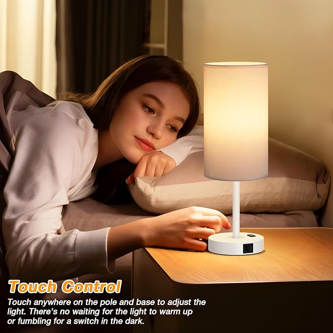 Dicoool Touch Bedside Table Lamp with USB - 3 Way Dimmable White Lamp for Bedroom Nightstand, Desk Lamp with Charging Station for Dorm, Office, Kids Room, Living Room - Bloomnest
