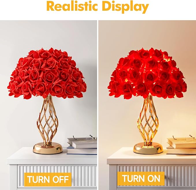Red Rose Flowers Lamp Artificial Flower Table Lamp Bouquet Desk Lamp Romantic Princess Nightstand Petal Light for Valentines Mother's Day Bedside Lamp Wedding Deco Party Home Bedroom - Bloomnest