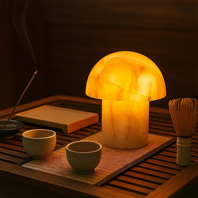 Marble Touch Table Lamp 4.3" x 4.7" – Natural Onyx Mushroom LED Night Light, Rechargeable Soft Glow Stone Bedside Lamp for Meditation, Yoga, Bedroom, Entryway Decor - Bloomnest