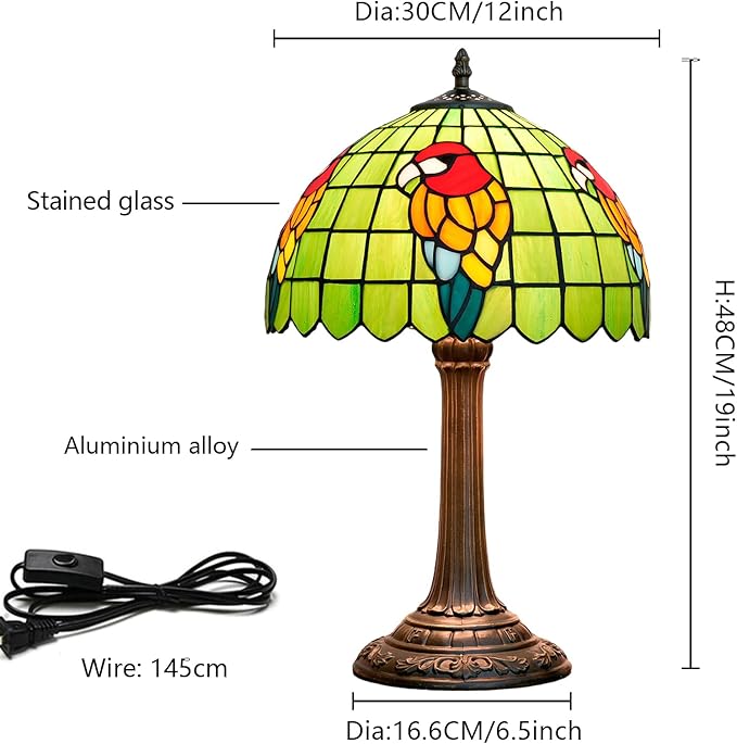 Tiffany Lamp Parrot Green Bedroom Table Lamp Stained Glass Reading Bedside Light for Home Living Room Office Dormitory Dining Room Decorate 12X12X18 inch Desk Light Include LED Bulb - Bloomnest