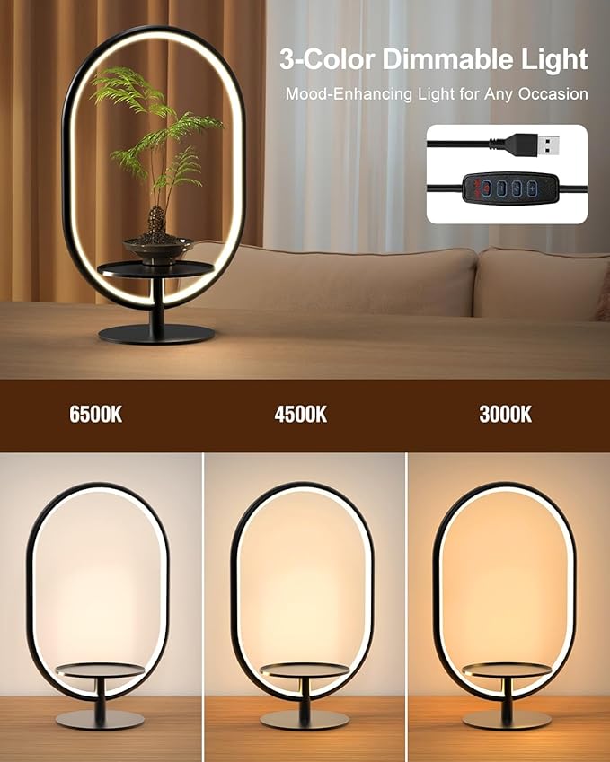 Modern LED Table Lamp with Storage Tray, Bedside Lamp with 3 Color Temperatures 10-Level Dimmable for Video Conference/Makeup/Streaming/Plants, LED Desk Lamp for Living Room Bedroom Office Decor - Bloomnest