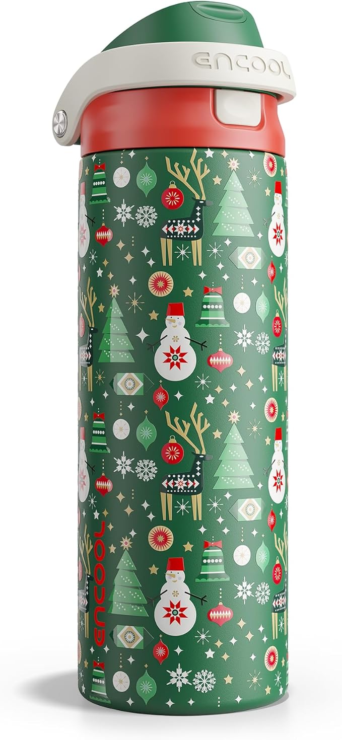 Christmas Insulated Water Bottle with Straw - Leak Proof Stainless Steel Water Bottle for School, Travel, Keeps Cold All Day, One-Touch Flip Lid, Holiday Gifts For Women Men, 24 oz, Frosty Forest ENCOOL