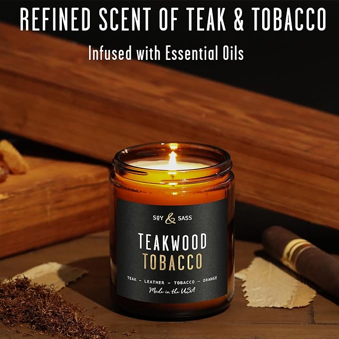 Teakwood & Tobacco Candle I Scented Black Candles for Men or Women - Teakwood, Tobacco & Orange Soy Wax Mens Candle - Infused w/Essential Oils | Long-Lasting 50Hr Burn, 9oz I Non Toxic I Made in USA - Bloomnest