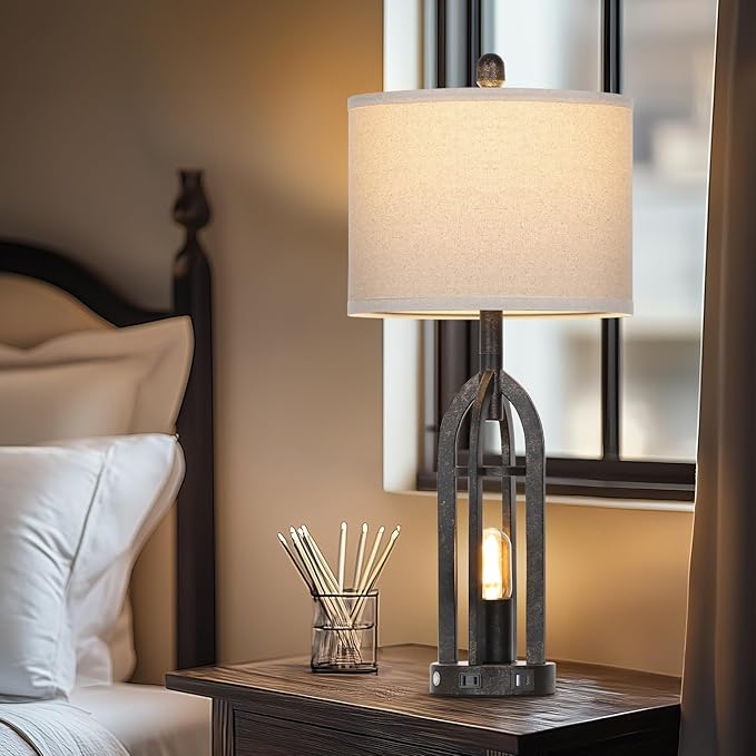 27" Rustic Table Lamps for Living Room - Farmhouse Lamps Set of 2 with USB C+A & Outlet, 3-Way Dimmable Touch Lamps for Night Stands, Vintage Bedside Lamp for End Tables,Bedroom,Bronze - Bloomnest