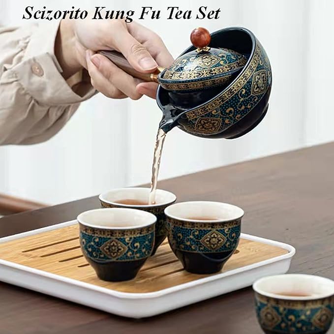 Ceramic Portable Travel Tea Set, Chinese Kungfu Tea Set with 360 Rotation Teapot and Infuser, 4 Tea Cups, Tea Tray And Travel Bag (Floral Blue)