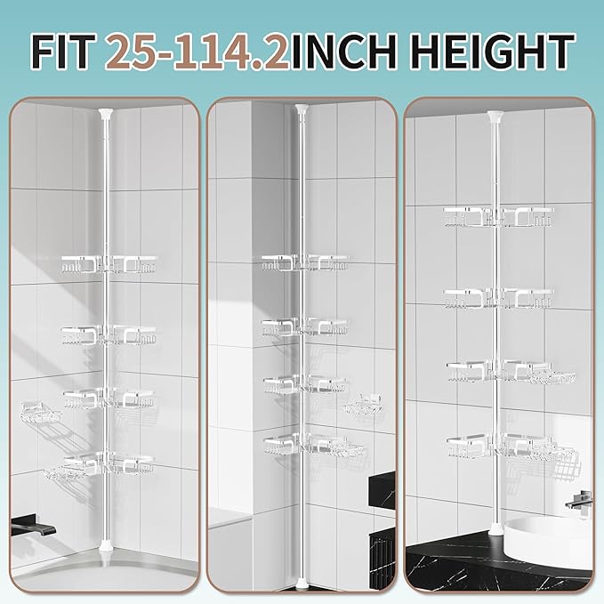 KEGII Shower Caddy Tension Pole – Corner Rustproof Bathroom Organizer with Soap Holder & Hooks, No-Drill Adjustable Shower Shelf for Renters for Families & Renters, 25-114.2 Inch, Silver - Bloomnest