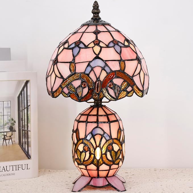 Small Tiffany Lamp Stained Glass Table Lamp Mini Mother Daughter Vase Desk Accent Light for Bedroom Bedside Reading Home Antique Style Decor 8X14 Inches (Pink Baroque) - Bloomnest
