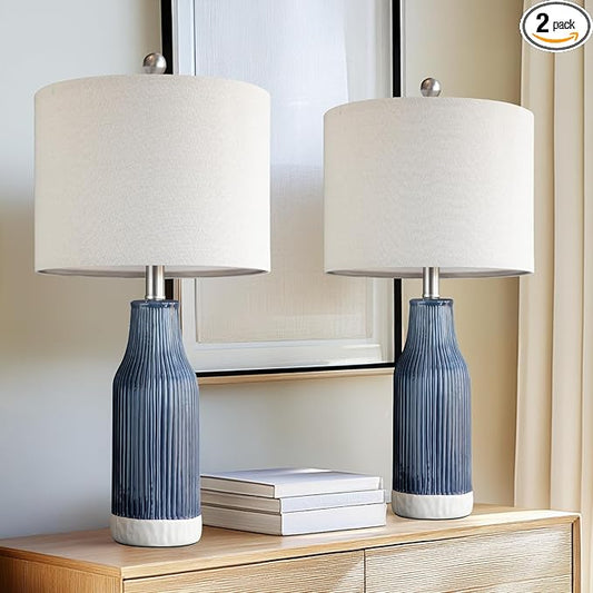 23.75" Modern Blue Ceramic Table Lamp Set of 2 for Living Room, Farmhouse Bedside Nightstand Lamp for Bedroom Home Office Dorm - Bloomnest