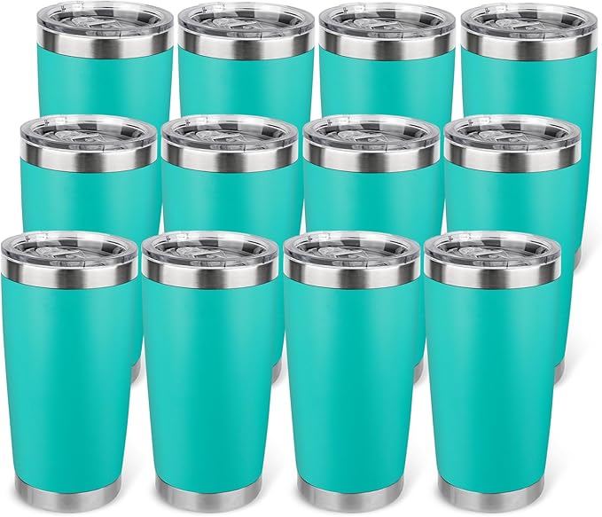 20oz Stainless Steel Tumbler Bulk with Lid, Travel Mug - Double Wall Vacuum Powder Coated Cup - Light Green, 12 Pack - Bloomnest