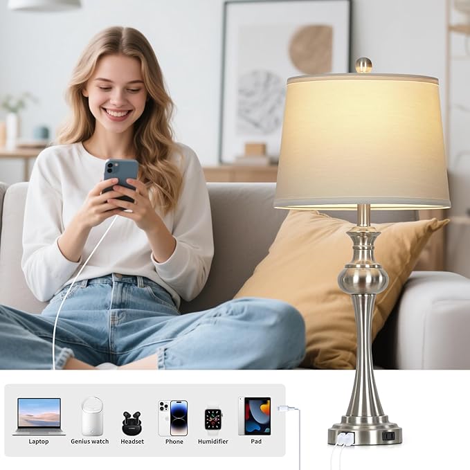 28.75"Silver Table Lamps Set of 2, 3 Way Touch Control Living Room Lamps with USB A+C Ports & Outlets , Modern Bedside Lamps, Elegant Metal Nightstand Lamps for Bedroom Office End Table Decoration - Bloomnest