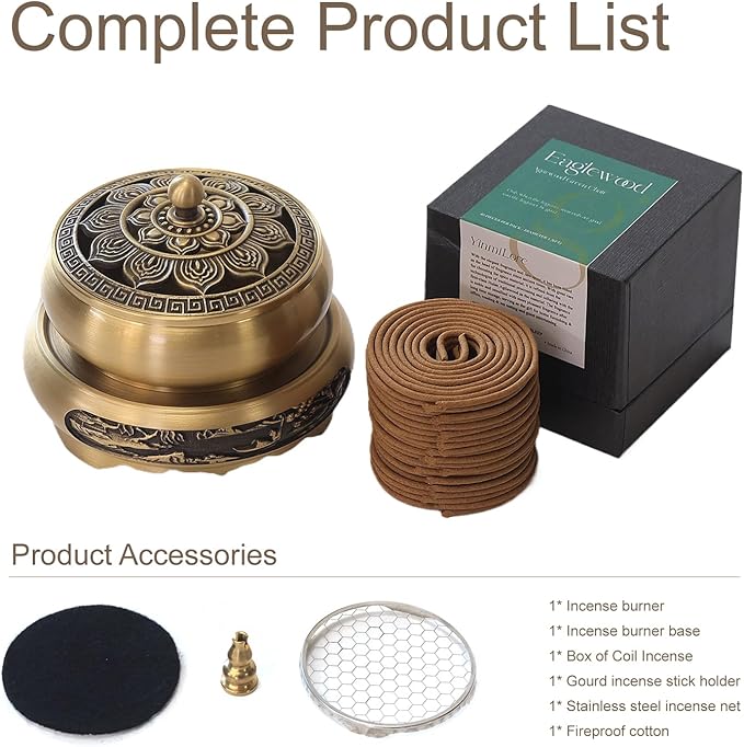Brass Incense Burner Bowl, Lotus Shape, with Stick Holder & Incense net &Fire Cotton Incense Holder Cone Coil Incense Burner Ash Catcher with Lid for Indoor Office Décor, Handicraft Gifts,Censer - Bloomnest