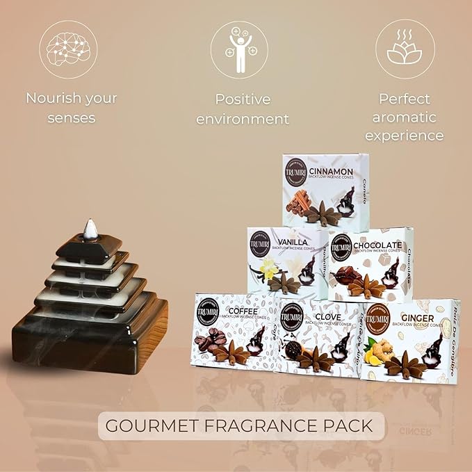 Gourmet - Backflow Incense Cones for Waterfall - Scented Inscents-Cones - Cinnamon, Vanilla, Coffee, Chocolate, Clove, Ginger - Insiensos Aromaticos - 6x10=60 Large Variety Pack TRUMIRI