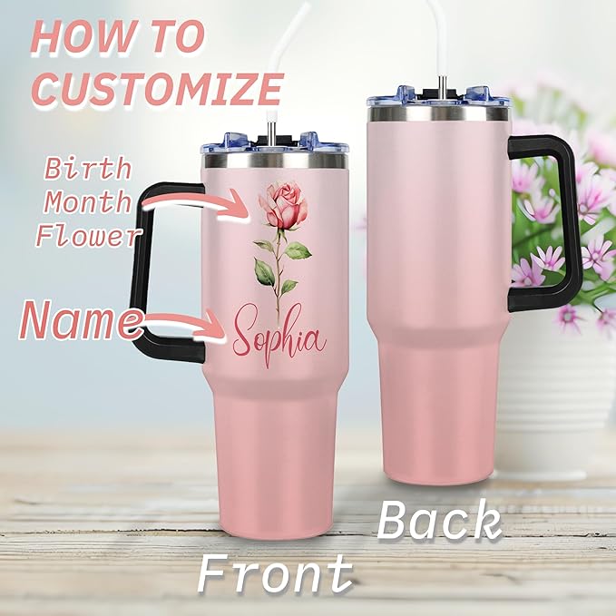 Personalized 40 Oz Tumbler with Handle and Straw Lid, Custom Cup with Name, Stainless Steel Travel Coffee Tumbler, Personalized Mothers Day Birthday Christmas Gifts for Women - Bloomnest