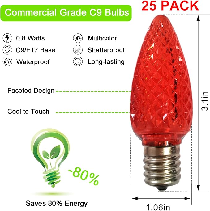 echosari 25 Pack C9 LED Replacement Christmas Light Bulbs for Outdoor String Light, 0.8W UL Listed Commercial Grade Holiday Bulbs, C9/E17 Candelabra Base Sockets (Multicolor) - Bloomnest