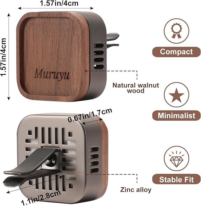 Car Diffuser, Walnut Wood & Zinc Alloy with Magnetic Cover, Refillable Car Air Freshener with 2 Refill Pads, Elegant Auto Decor (No Essential Oils) - Bloomnest