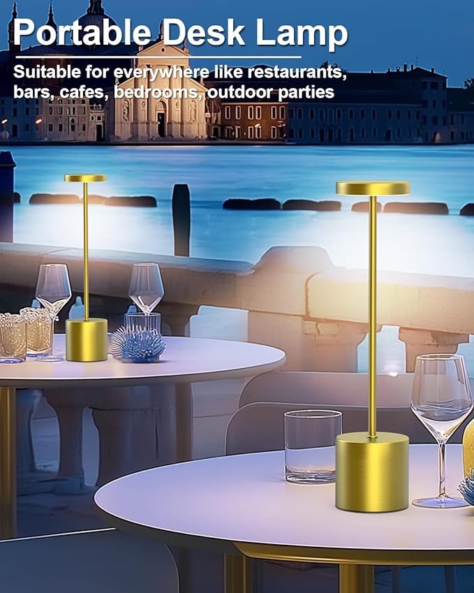 Cordless Table Lamps Rechargeable Set of 2, Portable LED Desk Lamp, 5000mAh Battery Powered Wireless Table Light - 3 Color Dimmable Lighting for Restaurant Dining Patio Outdoor Bedroom(Gold) - Bloomnest