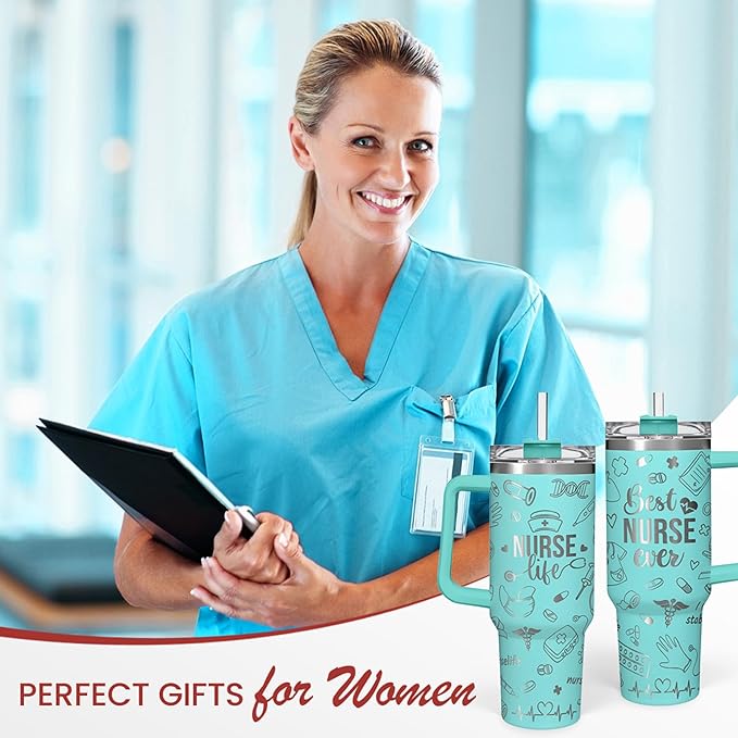 Nurse Gifts for Women, Nurse Tumbler with Handle 40oz Stainless Steel Coffee Cup with Straw Lid, Nursing Gift for Female Nurses, Appreciation Gift for Graduation Christmas Birthday - Bloomnest