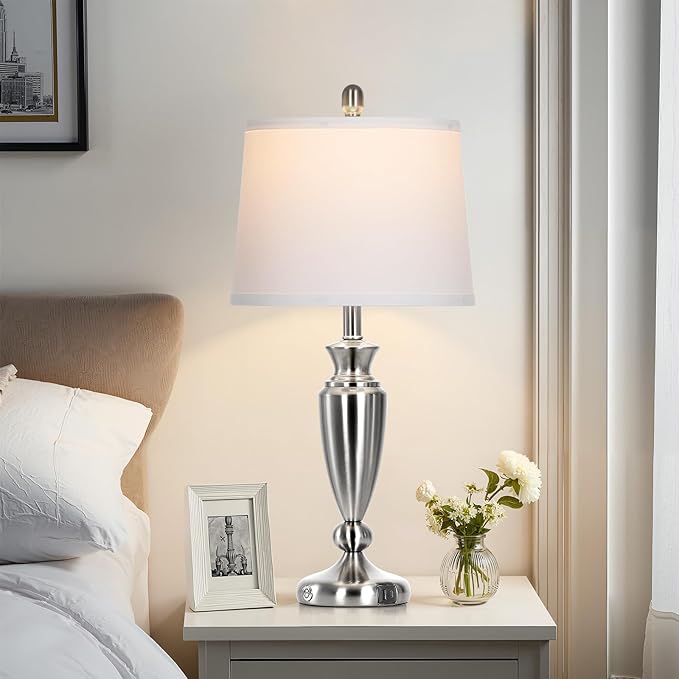 27" Silver Table Lamps for Living Room Single, 3 Way Touch Control Bedside Lamps with USB A+C Ports, Modern Brushed Nickel Bedroom Lamp, Metal Tall Lamp for Nightstand Desk Side Table Office - Bloomnest