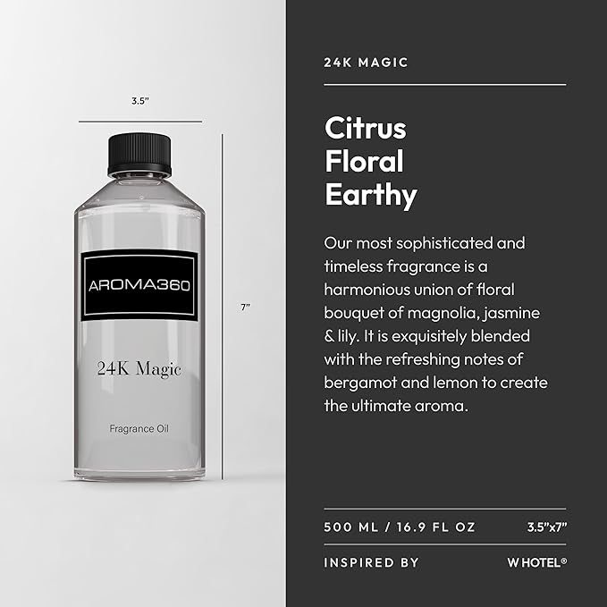 Aroma360-24K Magic Fragrance Oil Blend - 500ML | Hotel Inspired Luxury Essential Oil Diffuser | Aromatherapy Scent Diffuser Oil | Citrus Beginning of Bergamot, Lemongrass with Notes of Jasmine - Bloomnest