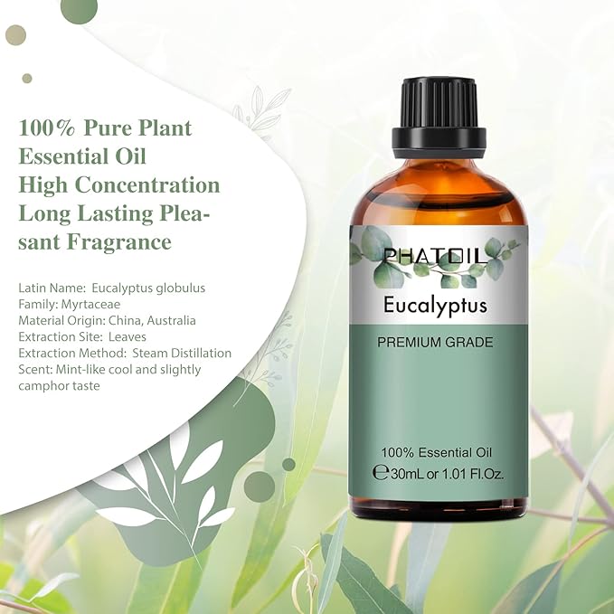 PHATOIL Eucalyptus Essential Oil 30ML, Pure Eucalyptus Essential Oils for Diffuser, Humidifier, Aromatherapy, Perfect for DIY Soap, Candle, Bath Bombs Making PHATOIL