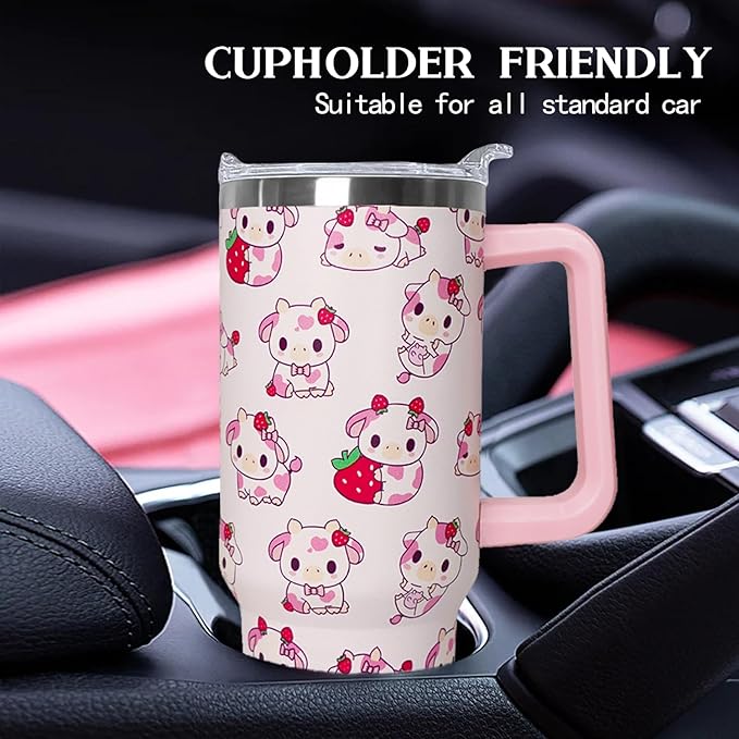 Ceovfoi 40 Oz Strawberry Cow Tumbler With Handle, Cow Print Coffee Travel Mug Cup Water Bottle, Strawberry Decor, Cow Print Gifts for Women - Bloomnest