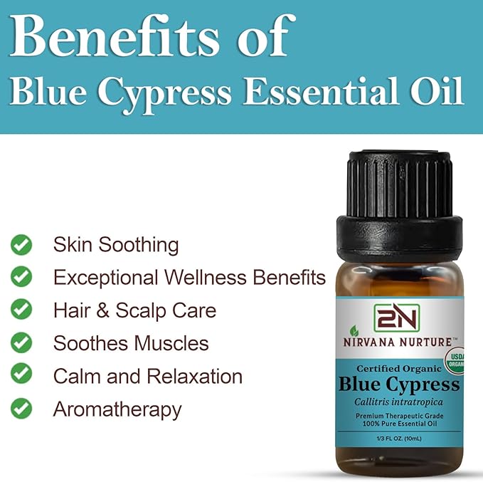 Blue Cypress Essential Oil, USDA Certified Organic, 100% Pure Undiluted, Aromatherapy Oil for Diffuser, Hair & Skin Care NirvanaNurture