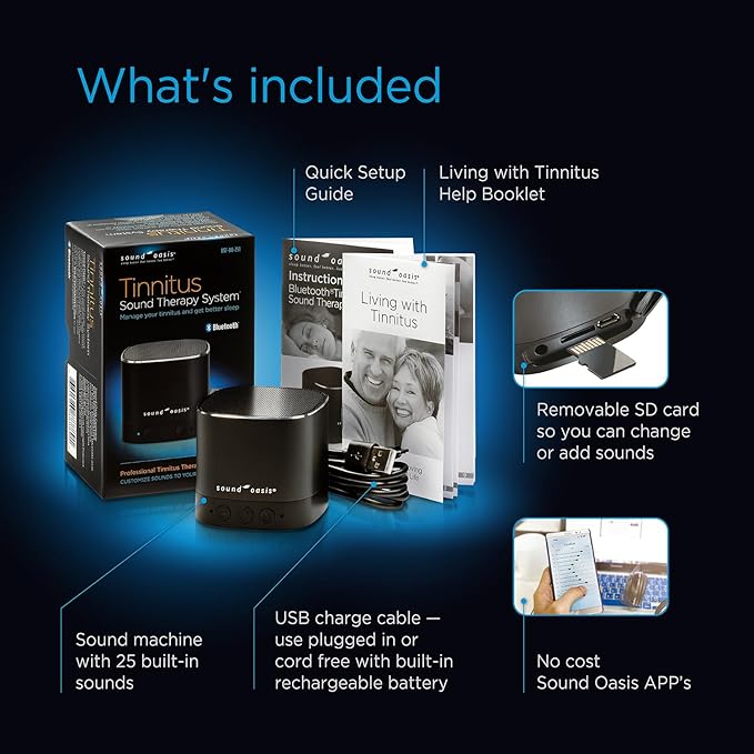 Sound Oasis® Bluetooth® Tinnitus Sound Therapy System® - Sleep Better, Manage and Mask Tinnitus, 25 Built-in Sounds for Tinnitus Relief, 12-Hour Sound Duration - Bloomnest