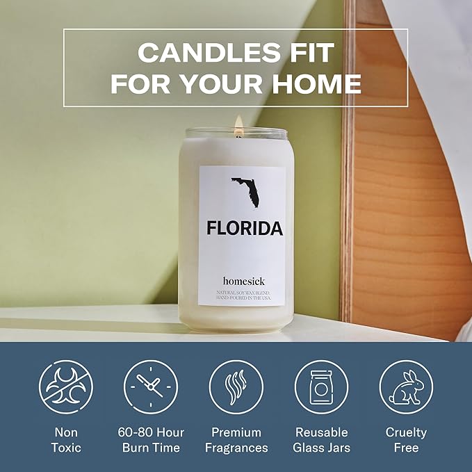 Homesick Scented Candles for Home (Florida) - 13.75 oz Long-Lasting Soy Wax Jar Candle for Women & Men for All Occasions, 60-80 Hours Burn Time - Notes of Moss & Bergamot - Bloomnest