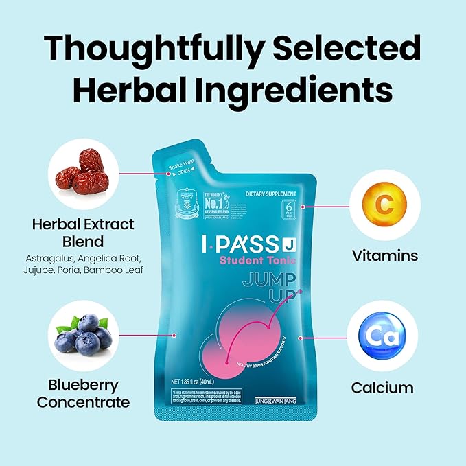 JungKwanJang i-Pass Junior Dietary Supplement- Korean Red Panax Ginseng Extract - Support Immune System, Memory Improvement and Concentration, Productivity - 30 Pouches - Bloomnest