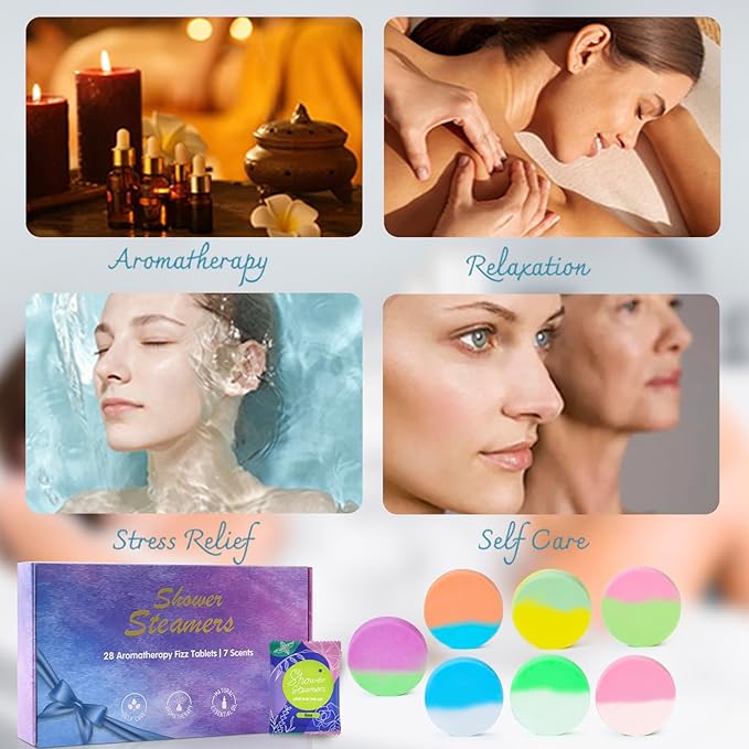 28 Pack Aromatherapy Shower Steamers, Individually Wrapped 7 Scents Bath Bombs,Natural Essential Oil Home SPA Self Care Stress Relief, Perfect Gifts for Her on Birthday Mother's Day Gift Set - Bloomnest