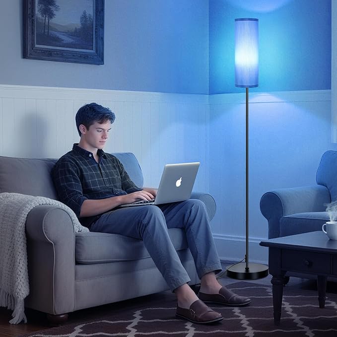 FRIDEKO HOME Floor Lamp with Blue Shade, Simple Design with Foot Pedal Switch, Small Tall Lamps for Living Room Bedroom Office, Corner Floor Stand Light with Black Pole Lamp (No Bulb/No Remote) - Bloomnest