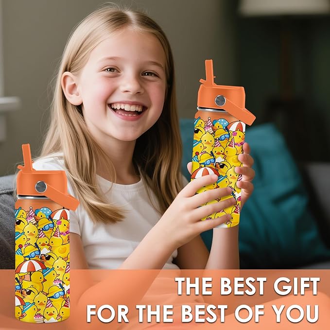 Duck Gifts for Boy Girls - 16oz Kids Water Bottle with Straw, Rubber Duck Stainless Steel Water Bottles Insulated, BPA-free, Leak-proof, Cute Cartoon Tumbler for School, Travel, Children Gift Cup(1pc) - Bloomnest