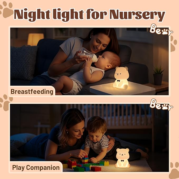 Attivolife Teddy Bear Night Light for Kids, Baby Nursery Beside Silicone Lamp, Protable USB Rechargeable Kids' Bedroom Nightlight with 8 Color Lights, Birthday Christmas Gifts for Girl Boy Children - Bloomnest