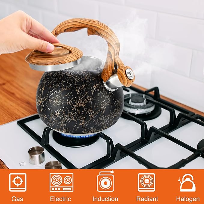 GGC Tea Kettle for Stove Top, Loud Whistling Kettle for Boiling Water Coffee or Milk, 3.1 Quart Stainless Steel Art Line Black Kettle with Wood Pattern Handle, Unique Button Control Kettle Outlet - Bloomnest