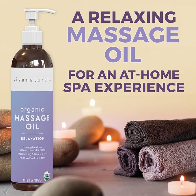 Viva Naturals Organic Massage Oil (8 fl. oz.) - Lavender Scented Non-Greasy Body Massage Oil with Mess-Free Pump, Moisturizing Massage Oils for Massage Therapy, Non-GMO and Certified Organic, 237 mL - Bloomnest