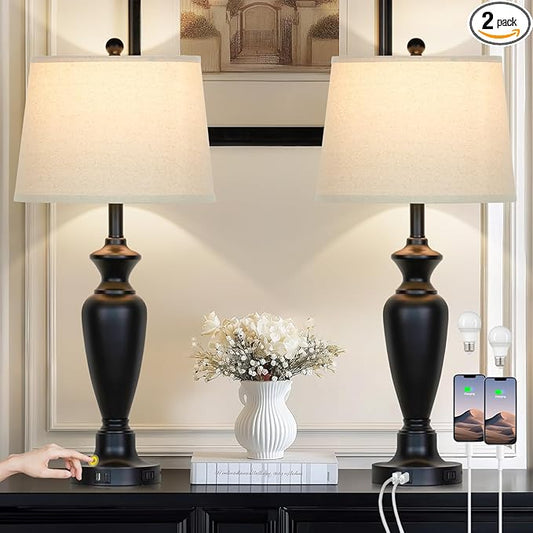 30" Tall Table Lamps Set of 2, Touch Control Bedside Lamp with USB A+C Ports and AC Outlet, 3-Way Dimmable Modern Metal Nightstand Lamp for Bedroom Living Room, 2 LED Bulbs Included, Black - Bloomnest