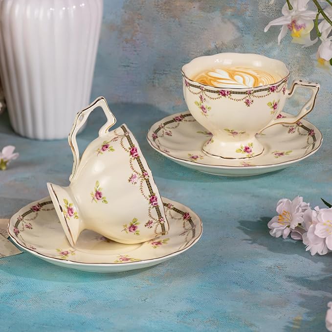 KAMMAK Tea Cups and Saucers Set of 2, Porcelain, 7.8-Ounce | Stackable Espresso Mugs | Imperial Court Collection | Ceramic Demitasse | For Coffee, Latte, Americano, Tea - Bloomnest