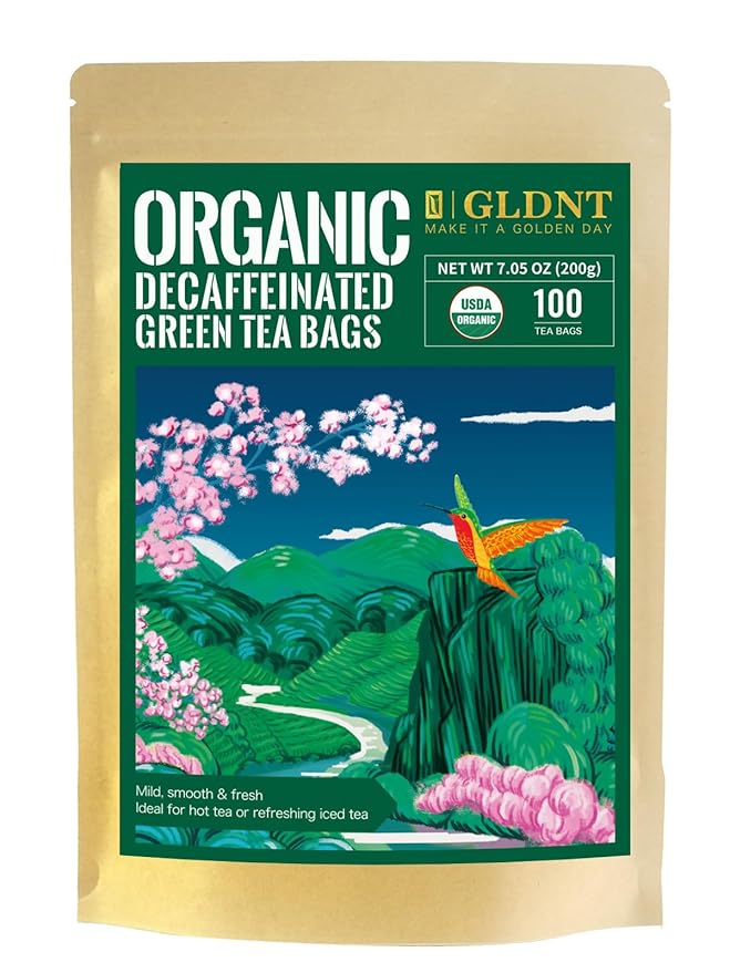 GLDNT Organic Decaf Green Tea Bags, Organic Green Tea Decaffeinated, Smooth Flavor, Super Antioxidant, Iced & Hot Tea, 100 Count - Bloomnest