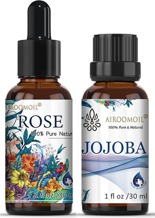 1+1 Fl Oz Travel Size Rose Essential Oil Jojoba Oil Set Floral Fragrance for Candle DIY Aromatherapy Home Use Diffuser Perfume Bath Massage Scents Airoomoil
