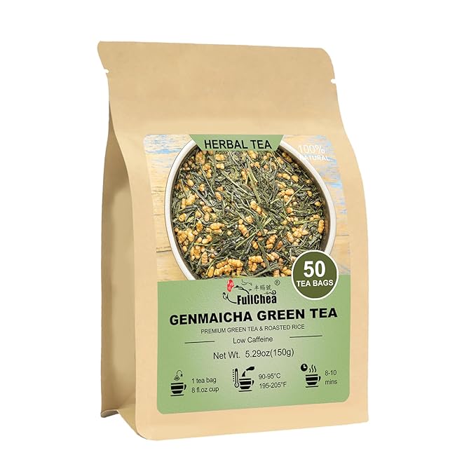 FullChea - Genmaicha Tea bags, 50 Teabags - Genmaicha Green Tea with Roasted Rice, Nutty & Refreshing - Low Caffeine - Soothing & Digestive, Perfect for Daily Relaxation - Bloomnest