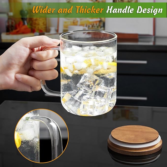DRASTAR Glass Coffee Cups, 20 oz Large Coffee Mugs, Flat Bottomed Cups with Acacia Wood Lid, Glass Tea Cup with Handle, ClearTea Cup Set of 2 - Bloomnest