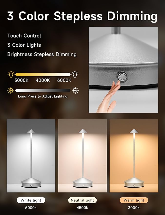 Cordless Table Lamps,LED Rechargeable Desk Lamp,Portable Modern USB Battery Operated Lights,Outdoor Waterproof Touch Dimmable,for Patio,Restaurant,Bar,Camping,Dining Home Set of 2 Silver - Bloomnest