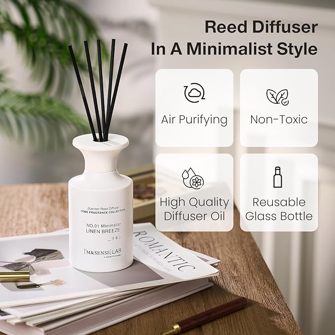 M&SENSE Reed Diffuser Set, 10.14 oz Non Toxic Reed Diffuser Linen Breeze Scented Home Fragrance Aromatherapy Diffuser for Bedroom Bathroom Office Home Decor Housewarming Gift