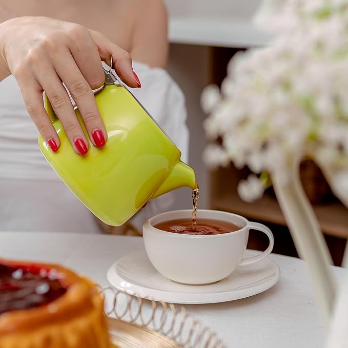 ORNA Ceramic Teapot with Tea Infuser – Small Tea Pot for Loose Leaf Tea – 550ml / 18.6 Oz Porcelain Non-Stove Teapot for 2 Cups with Tea Strainer (Lime) - Bloomnest