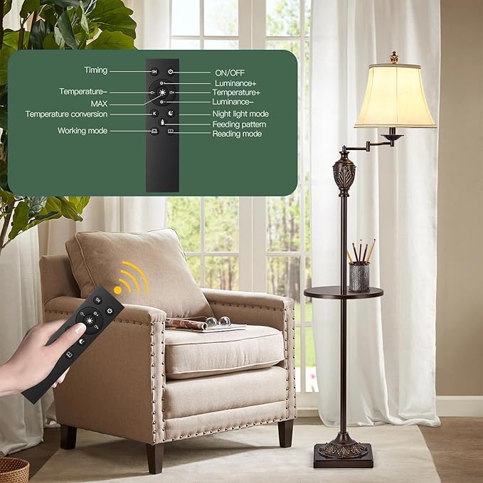Traditional LED Floor Lamp with 350° Adjustable Swing Arm Lamp – Vintage Standing Pole lamp for Living Room, Bedroom and Office – Rustic Upright Floor Light for Home Décor with Silk Fabric Shade - Bloomnest